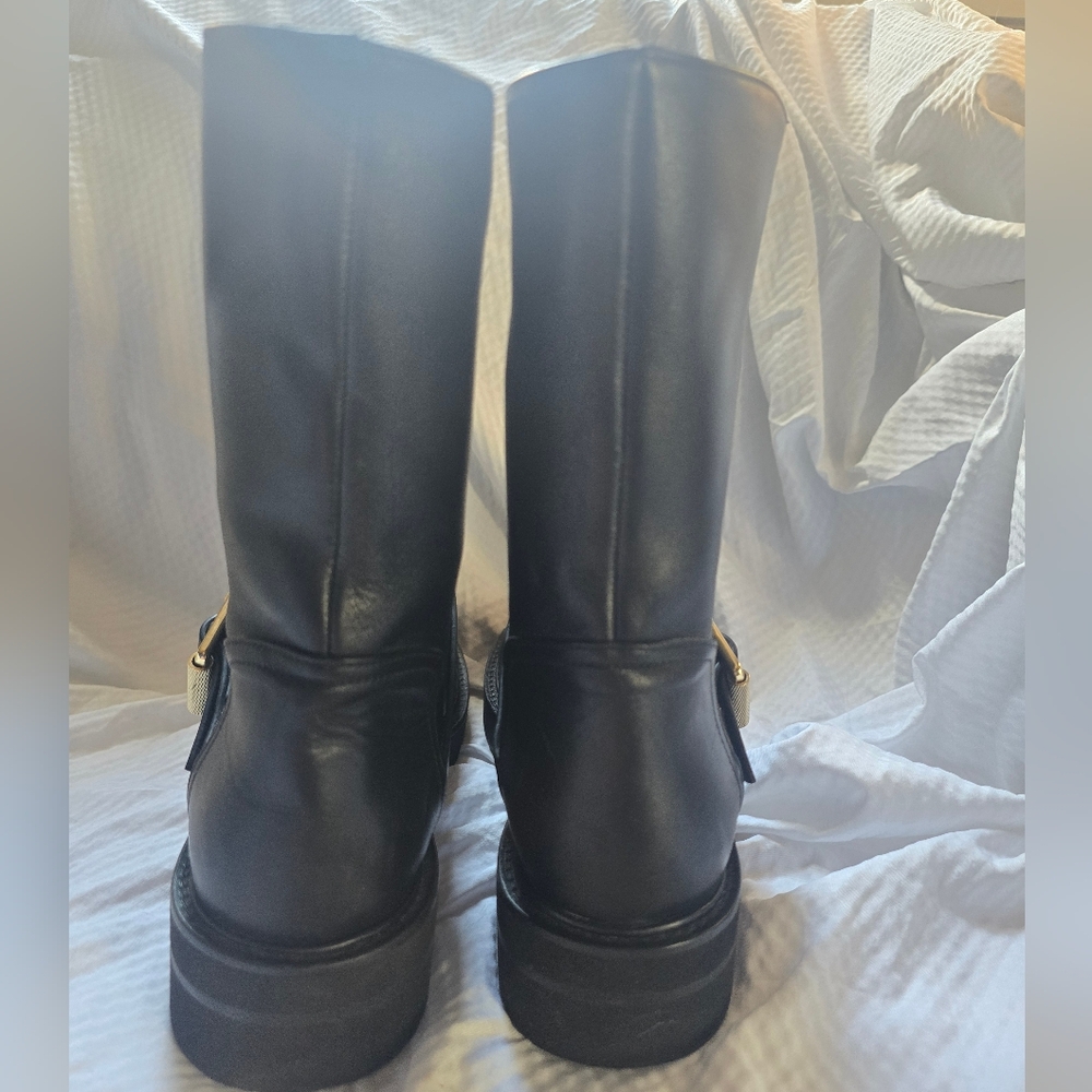 Stuart Weitzman NEW Black Combat Boots with Gold Buckle - Picture 5 of 14